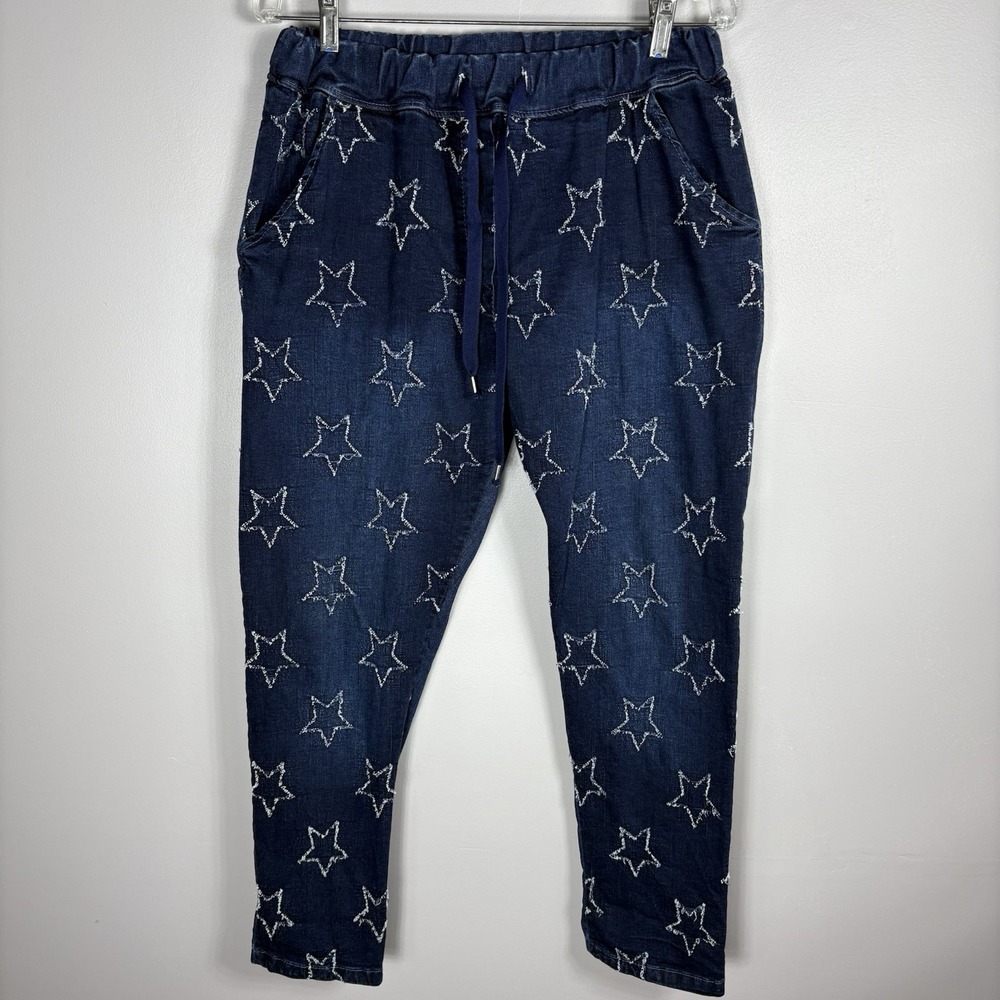 Bella Amore Womens L/XL Blue Drawstring Elastic Waist Star Dark Wash Denim Pants